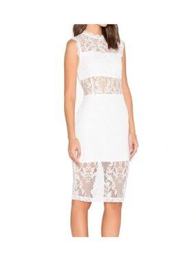 White Lace Sleeveless Midi Dress With High Neck & Sheer Overlay Endless Rose Siz